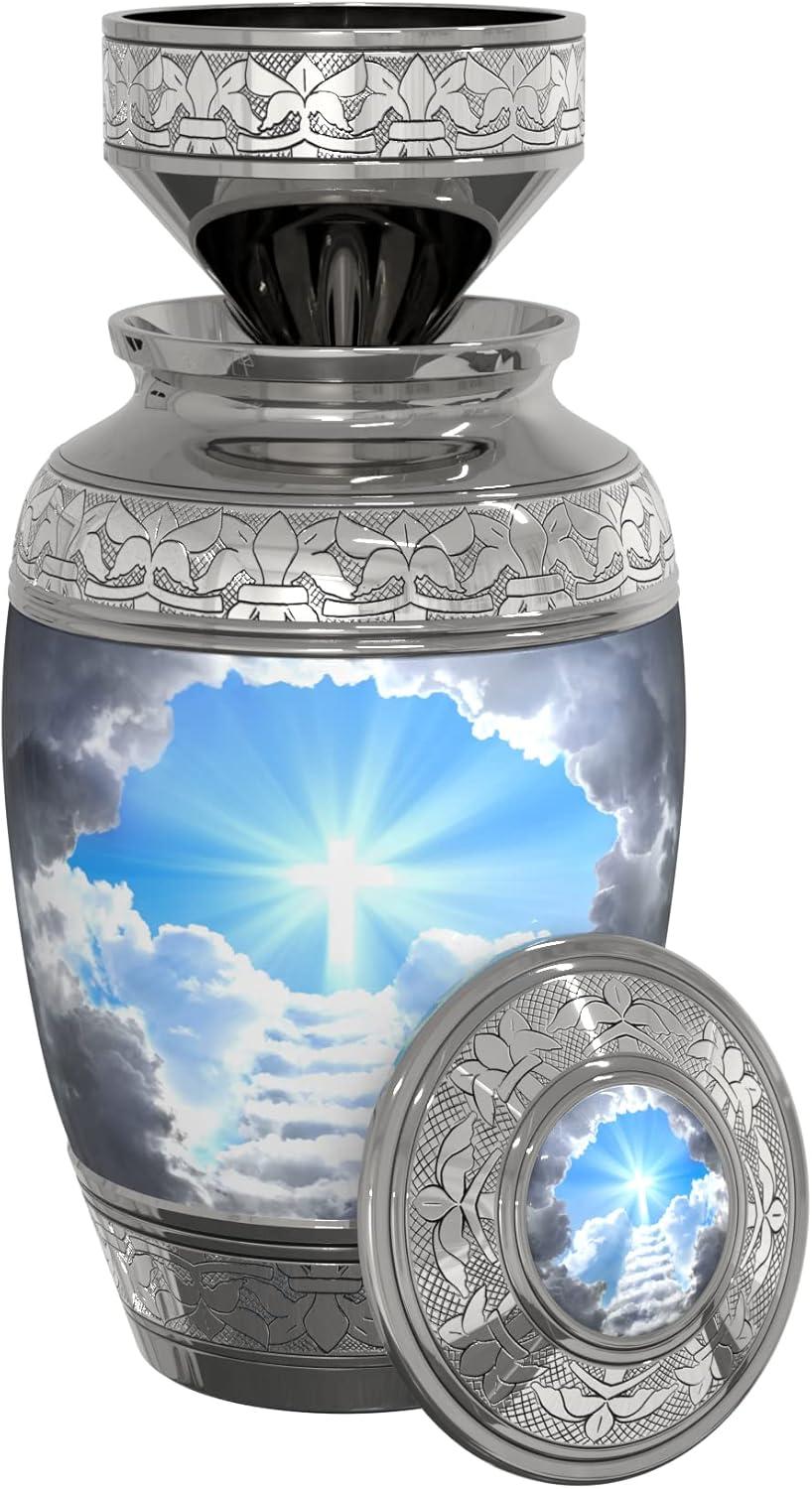 Stairway to Heaven Large Cremation Urn for Human Ashes with Handcrafted Funnel (Christian/Catholic/Cross/Adult/Male/Female)