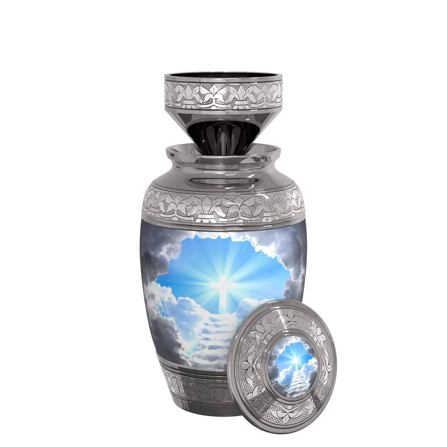 Stairway to Heaven Large Cremation Urn for Human Ashes with Handcrafted Funnel (Christian/Catholic/Cross/Adult/Male/Female)