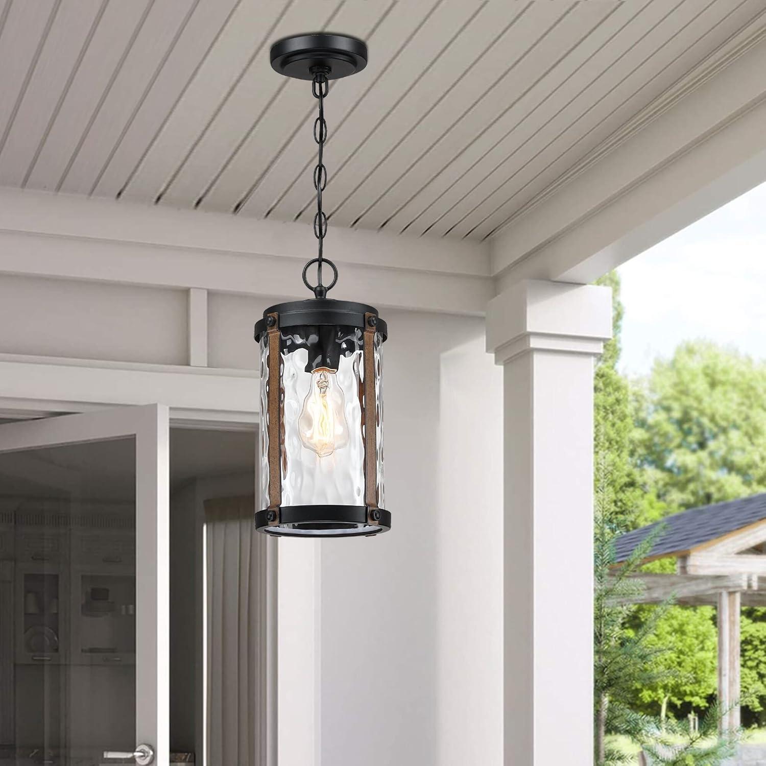 Matte Black and Barnwood Glass Outdoor Hanging Lantern