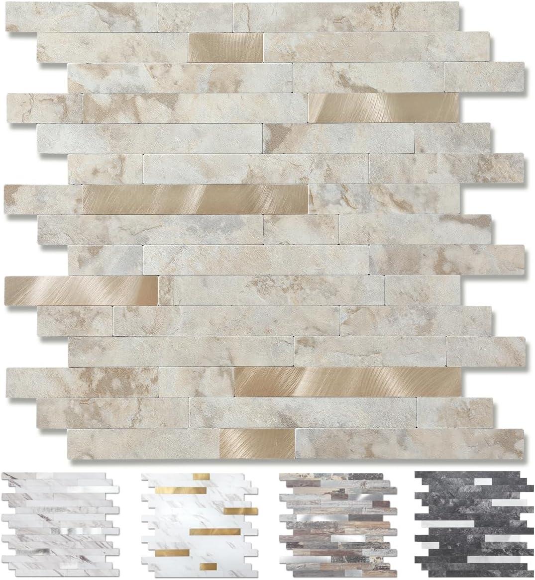 10-Pack Peel and Stick Tile Backsplash 12"X12" PVC Wall Tiles, Stick on Backsplash for Kitchen, Bathroom Tile, Fireplace Décor, Laundry Table, Stair Decals in Cala Golden