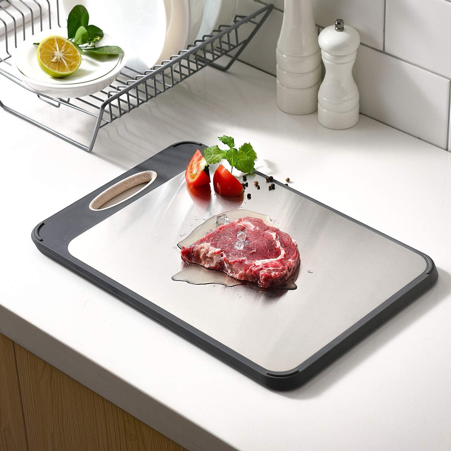 GUANCI 16" x 11" Double-Sided Stainless Steel and Wheat Straw Cutting Board