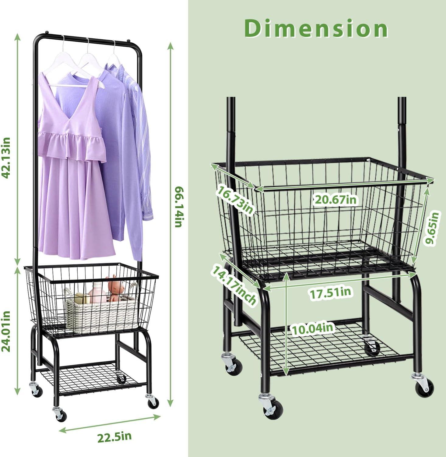 Laundry Cart with Wheels and Hanging Rack, Garment Rack with Storage Shelves and Coat/Hat Hanging Hooks, Rolling Laundry Basket for Laundry Bedroom Hallway, Black