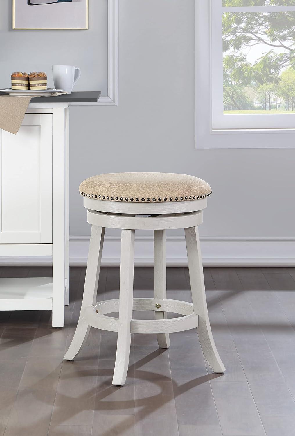 Beige Fabric Round Swivel Stool with White-Wash Wood Finish, 2-Pack