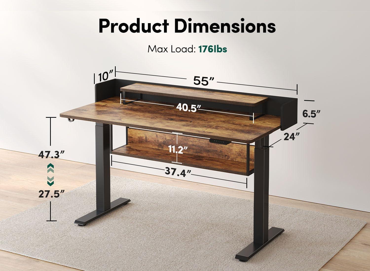 Rustic Brown Adjustable Height Standing Desk with Drawers and Shelf