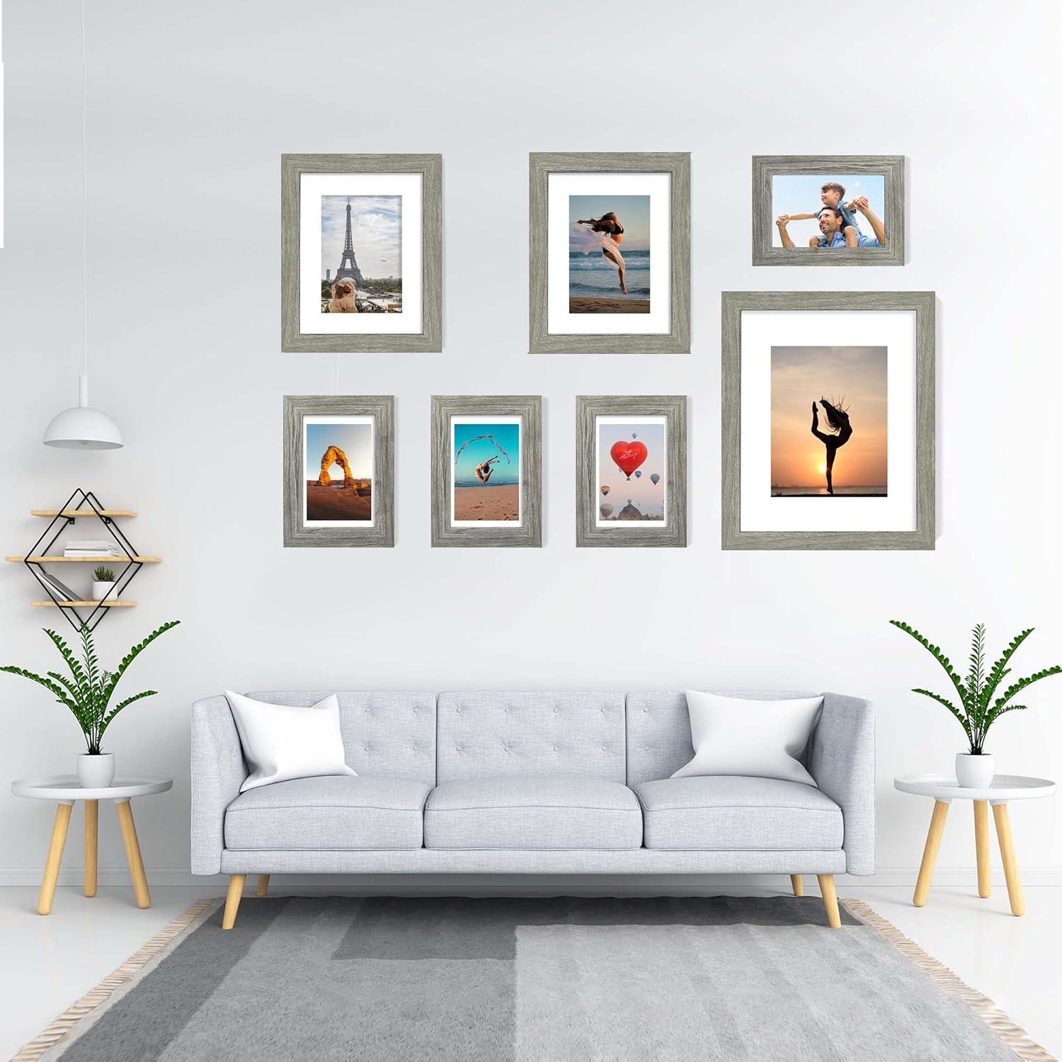 8x10 Picture Frame Set of 4, Made of Real Glass and Grey Wooden Frame, 8 by 10 Photo for Wall or Tabletop - Display Picture 5x7 with Mat or 8x10 Without Mat