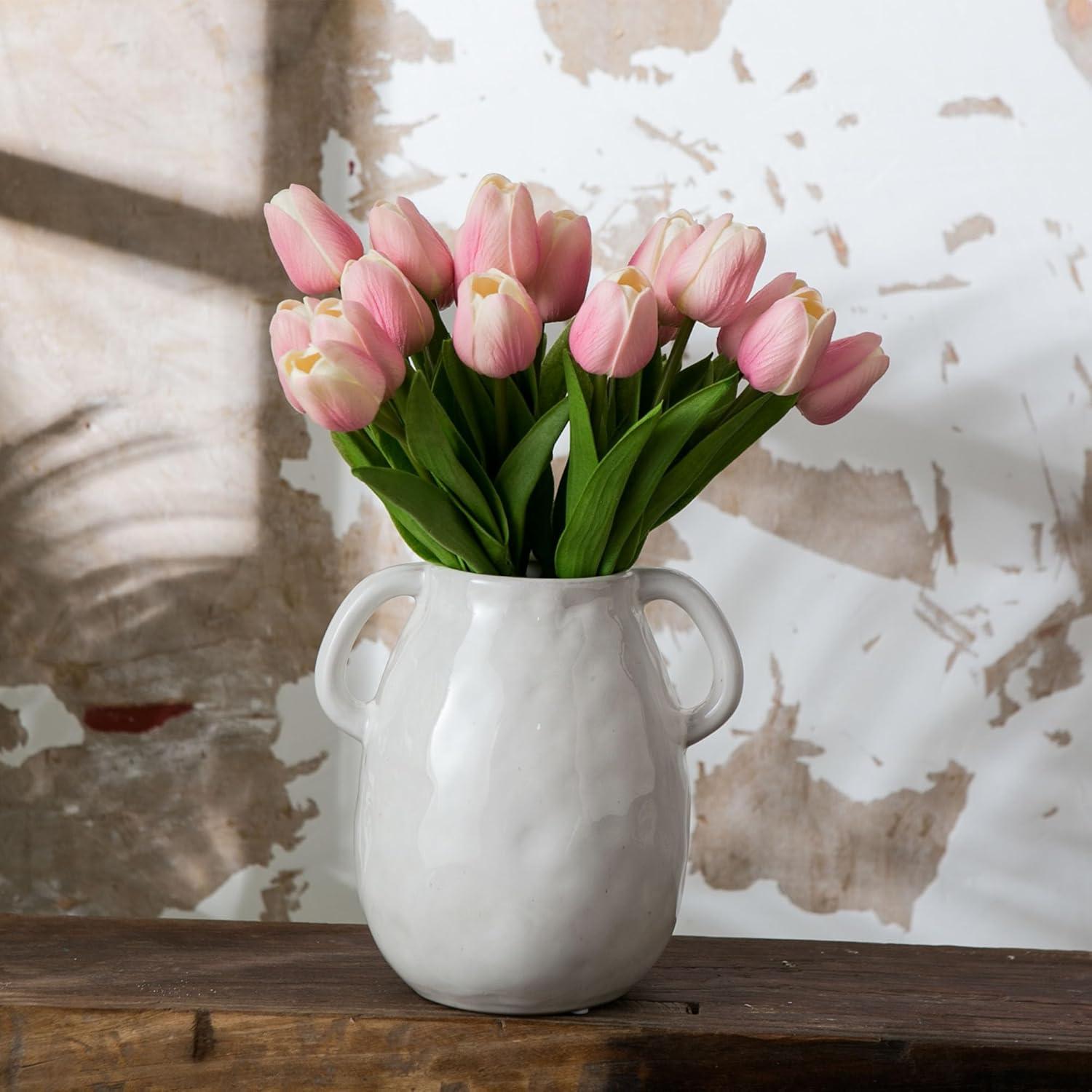 Grey Ceramic Vase with 2 Handles, Modern Farmhouse Vase for Home Decor, Rustic Terracotta Vase, Decorative Pottery Flower Vase, Clay Samll Vase, Centerpieces for Dining Table - 7 Inch Tall