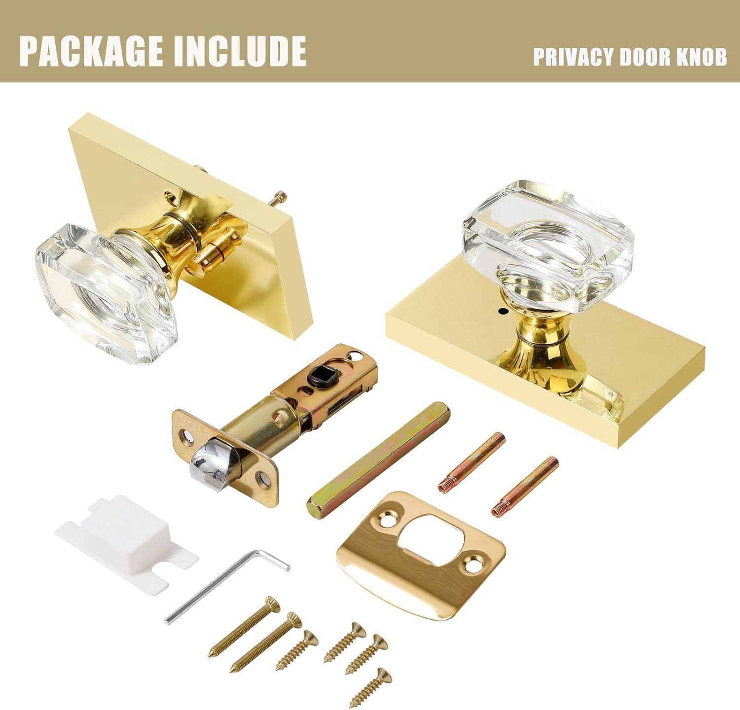 Clear Glass Crystal Door Knobs Interior,Octagon Gold Door Knob,Bathroom Bedroom Privacy Door Knobs with Lock,Satin Brass