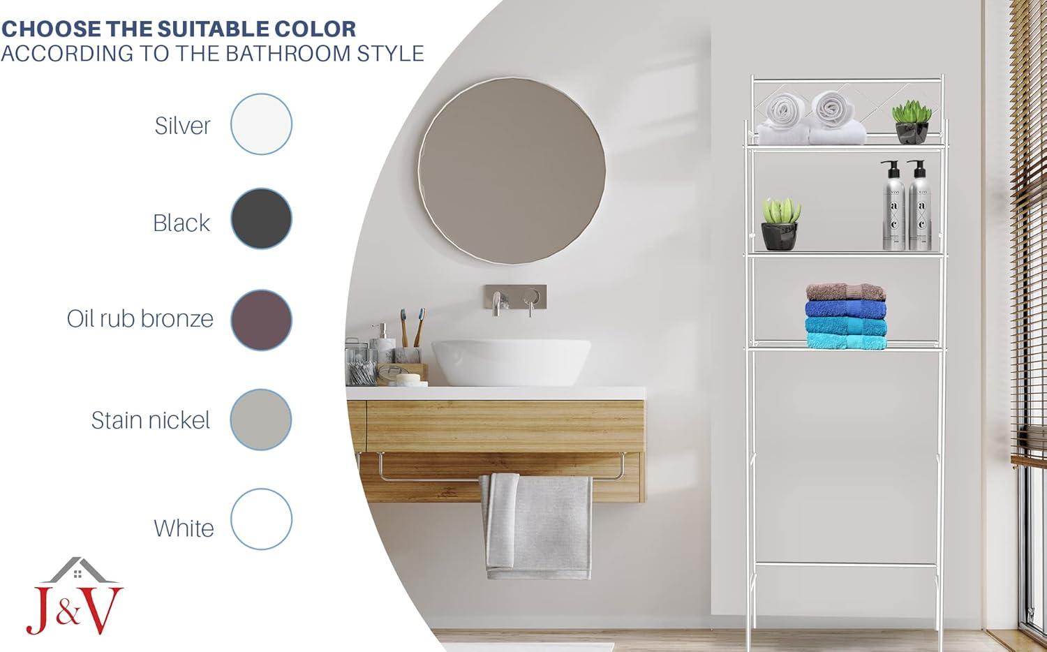 Metal Over The Toilet Space Saver and Organizer White - J&V TEXTILES: Powder-Coated Stainless Steel, 3 Fixed Shelves