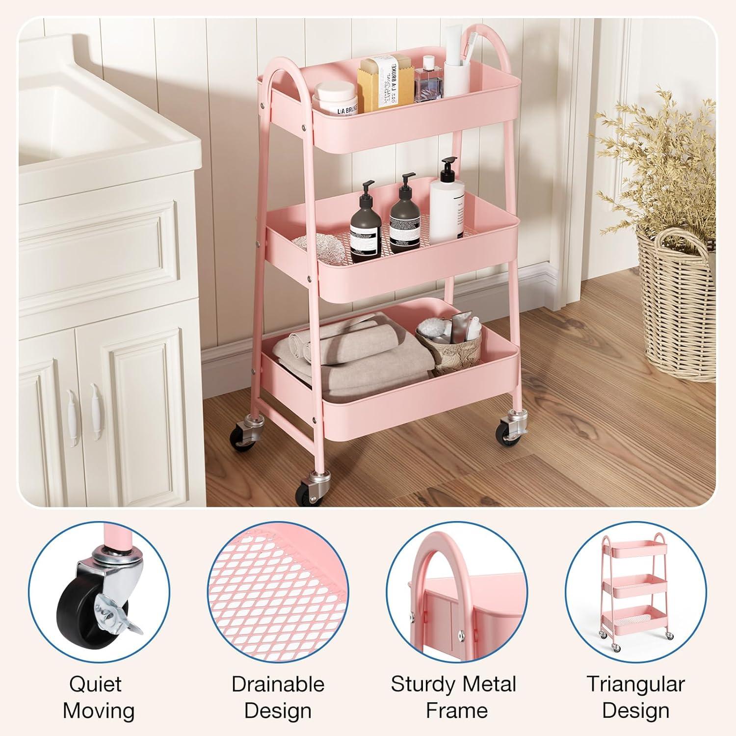 Green Metal 3-Tier Rolling Utility Cart with Lockable Wheels