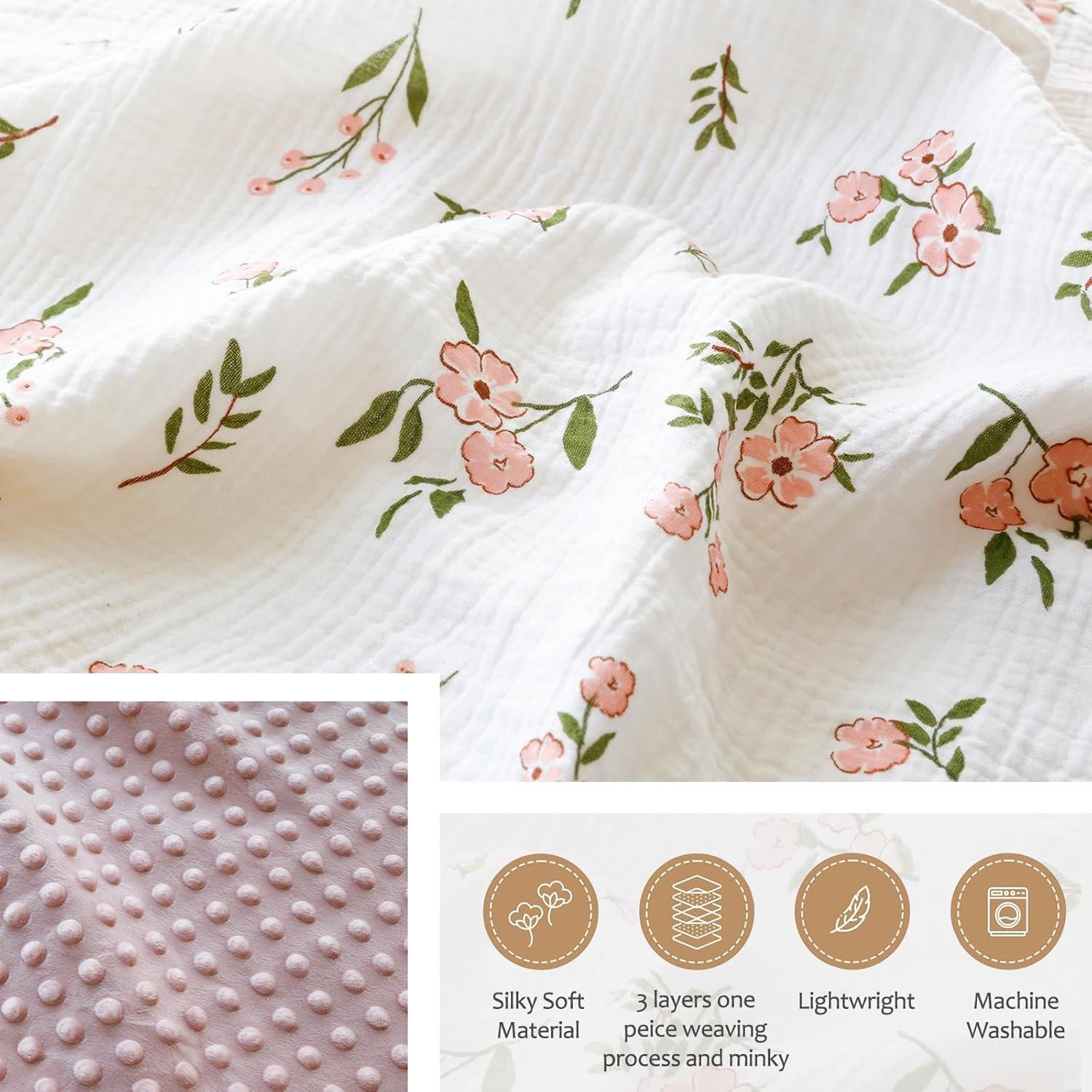BOPRIO Muslin Baby Blankets for Girls Super Soft Nursery Minky Blankets with Breathable Muslin Cotton Front and 3D Touch Dotted Fleece Backing, Pink Floral Printed Bed Throws Newborn 30 x 40 Inch