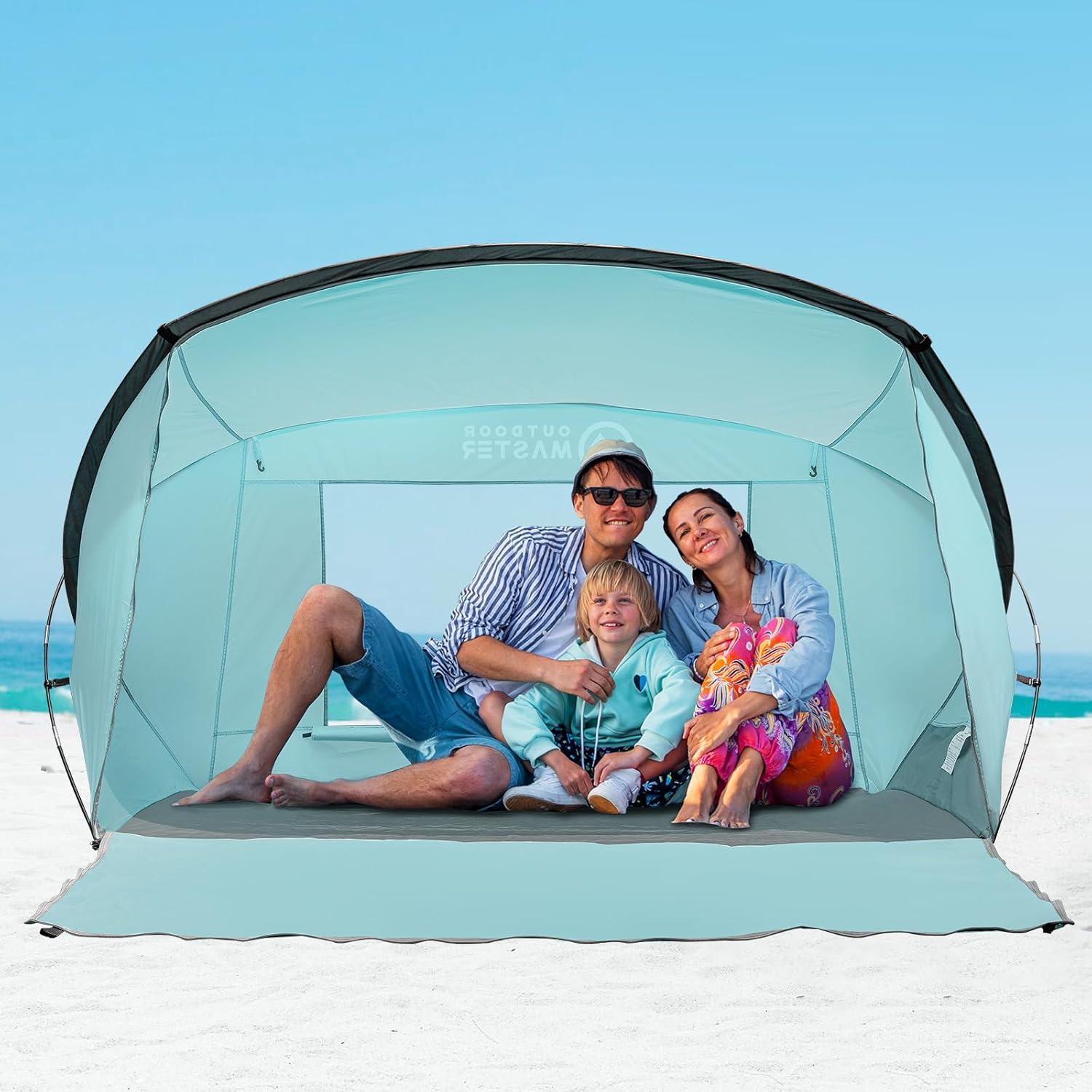 OutdoorMaster Beach Tent for 3-4 Person - Easy Setup and Portable Beach Shade Sun Shelter Canopy with UPF 50+ UV Protection Removable Skylight Family Size-Green