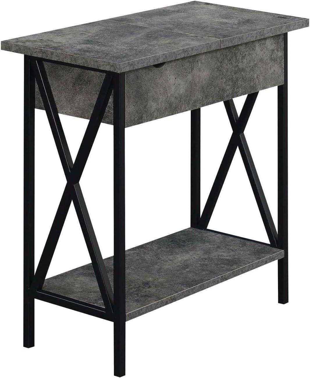 Convenience Concepts Tucson Flip Top End Table with Charging Station and Shelf, Cement/Black