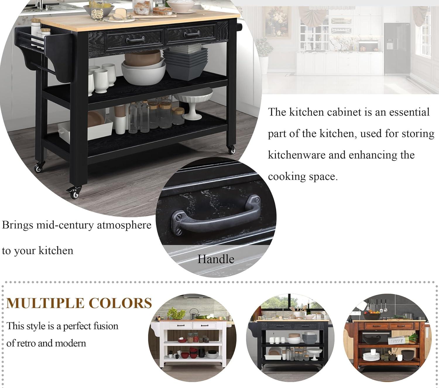 57 Inch Solid Wood Kitchen Island Cart,Solid Oak Wood Top Rolling Kitchen Cart with 2 Drawers,2 Storage Shelves,Wine and Spice Rack,Black