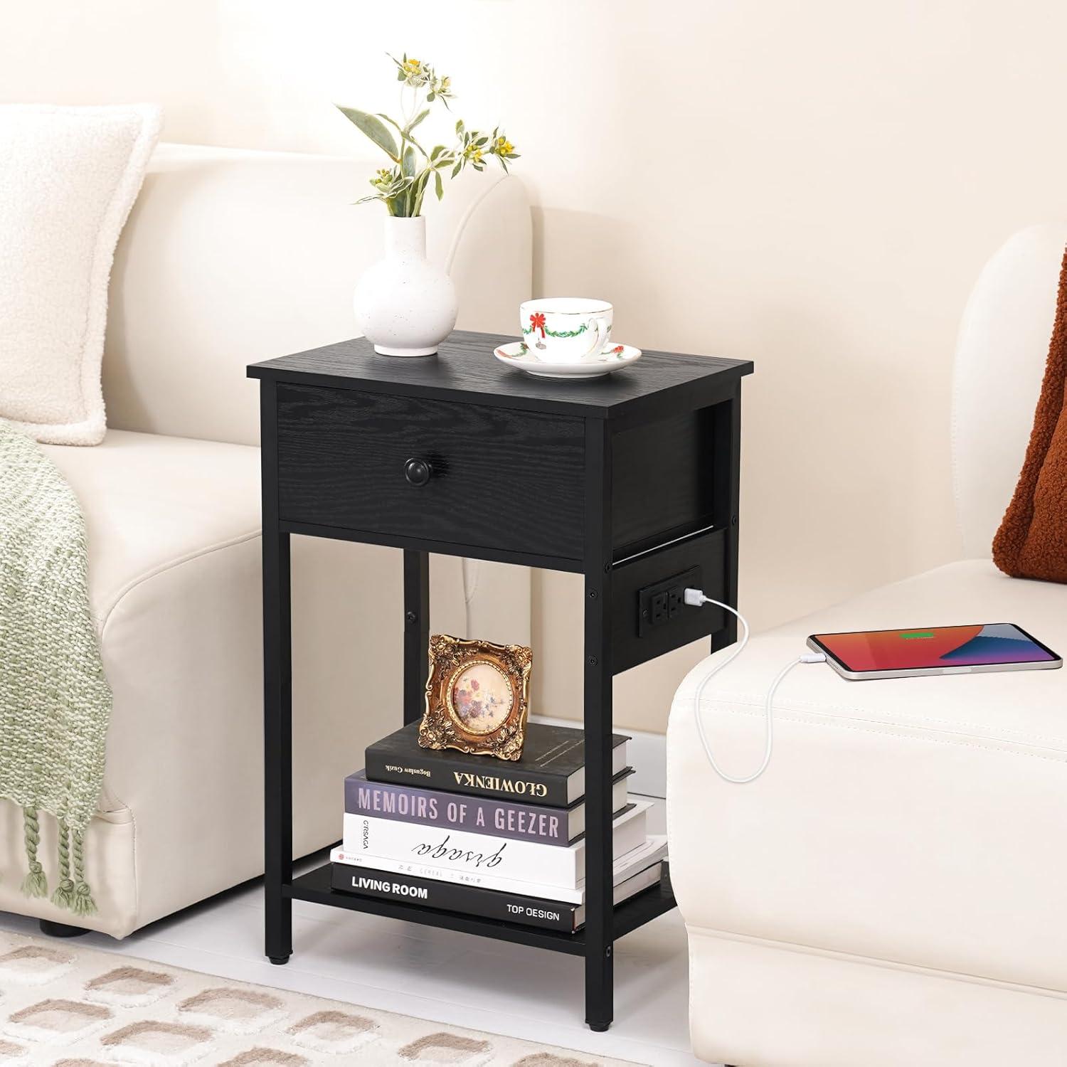 Nightstand End Table with Charging Station, USB Ports, Drawer and Storage Shelf, Black