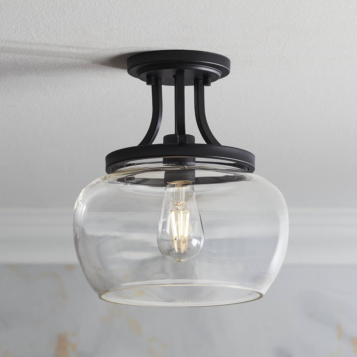 Regency Hill Rustic Farmhouse Industrial Ceiling Light Semi Flush Mount Fixture 10 1/4" Wide Black Curved Clear Glass Shade for Bedroom Kitchen House