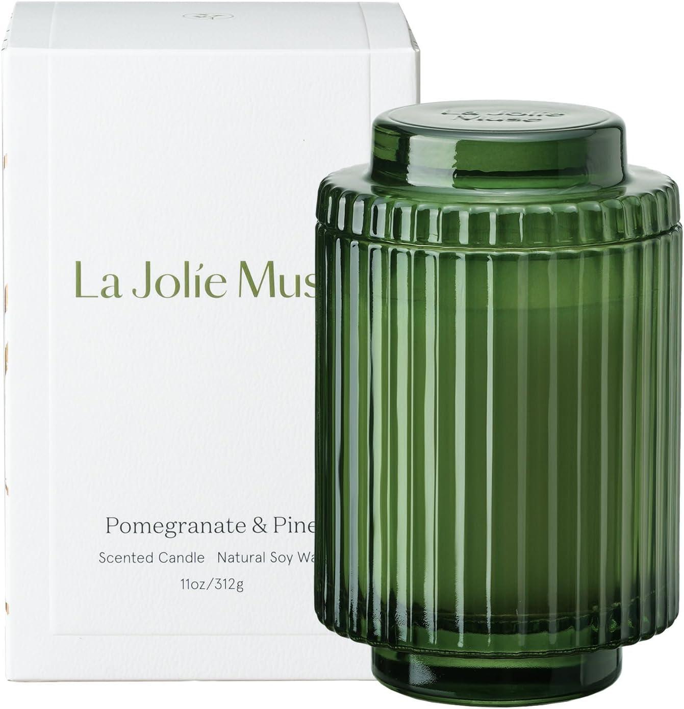 Pomegranate & Pine Green Ribbed Glass Soy Candle, 11oz