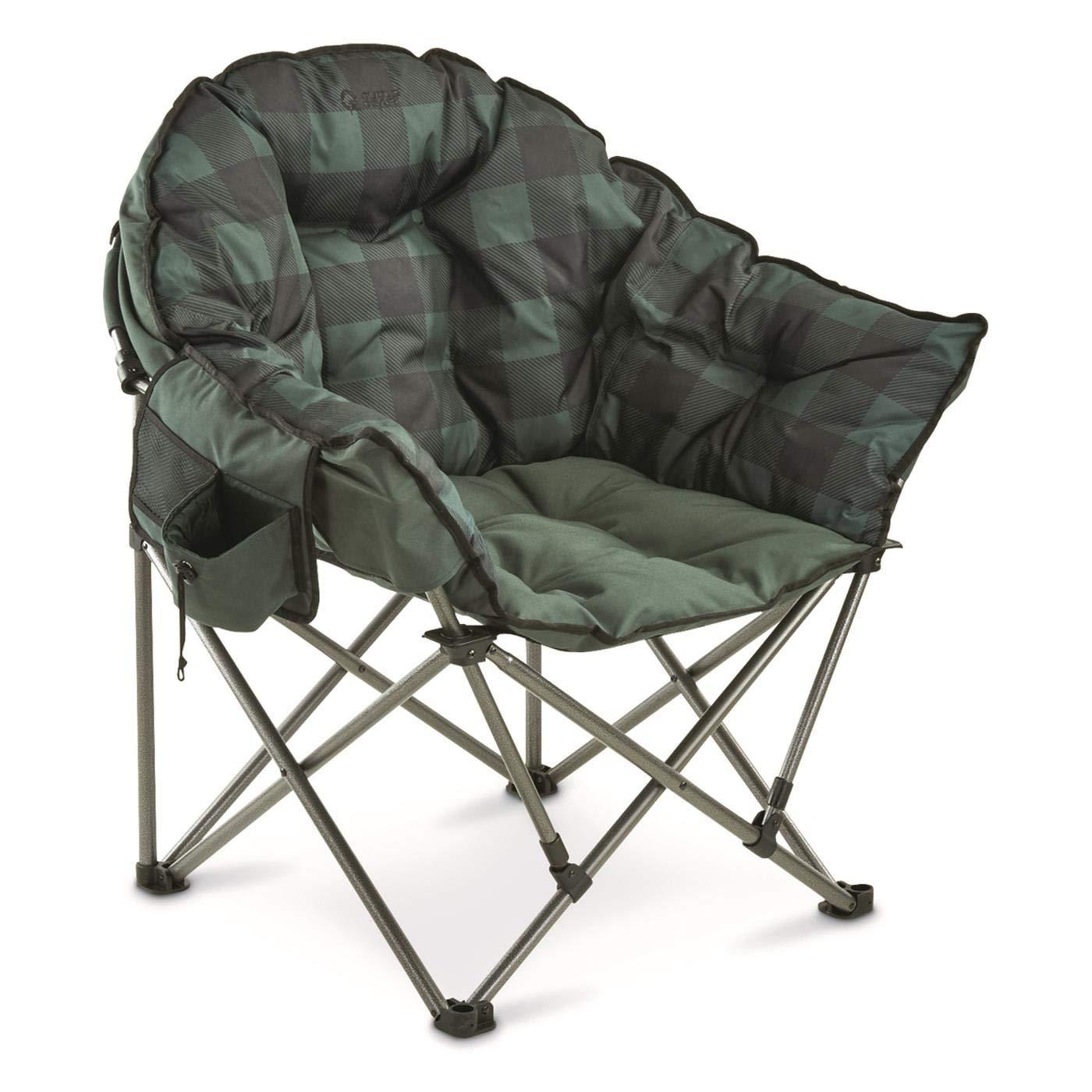 Oversized Green Plaid Steel Frame Camping Chair with Arms
