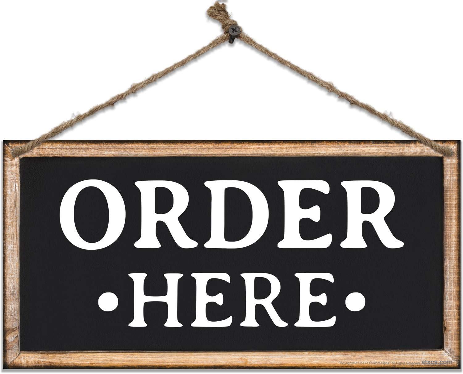 Black and White Rectangular Metal Order Here Sign with Jute String