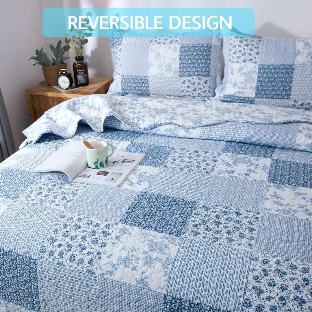 King Blue Microfiber Patchwork Quilt Set