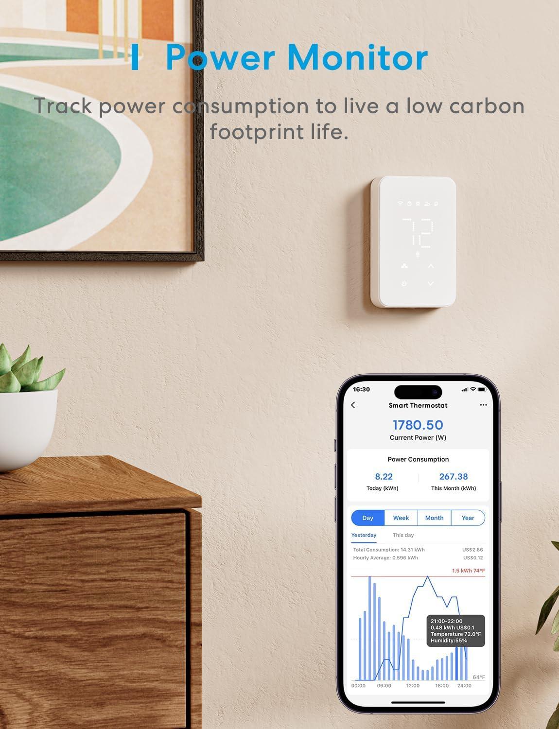 meross Smart Thermostat for Electric Baseboard and in-Wall Heaters Work with HomeKit, Alexa and Google Home, 120V-240V Wi-Fi Programmable Thermostat with Easy Install, Energy Saving, 4 Wires Needed
