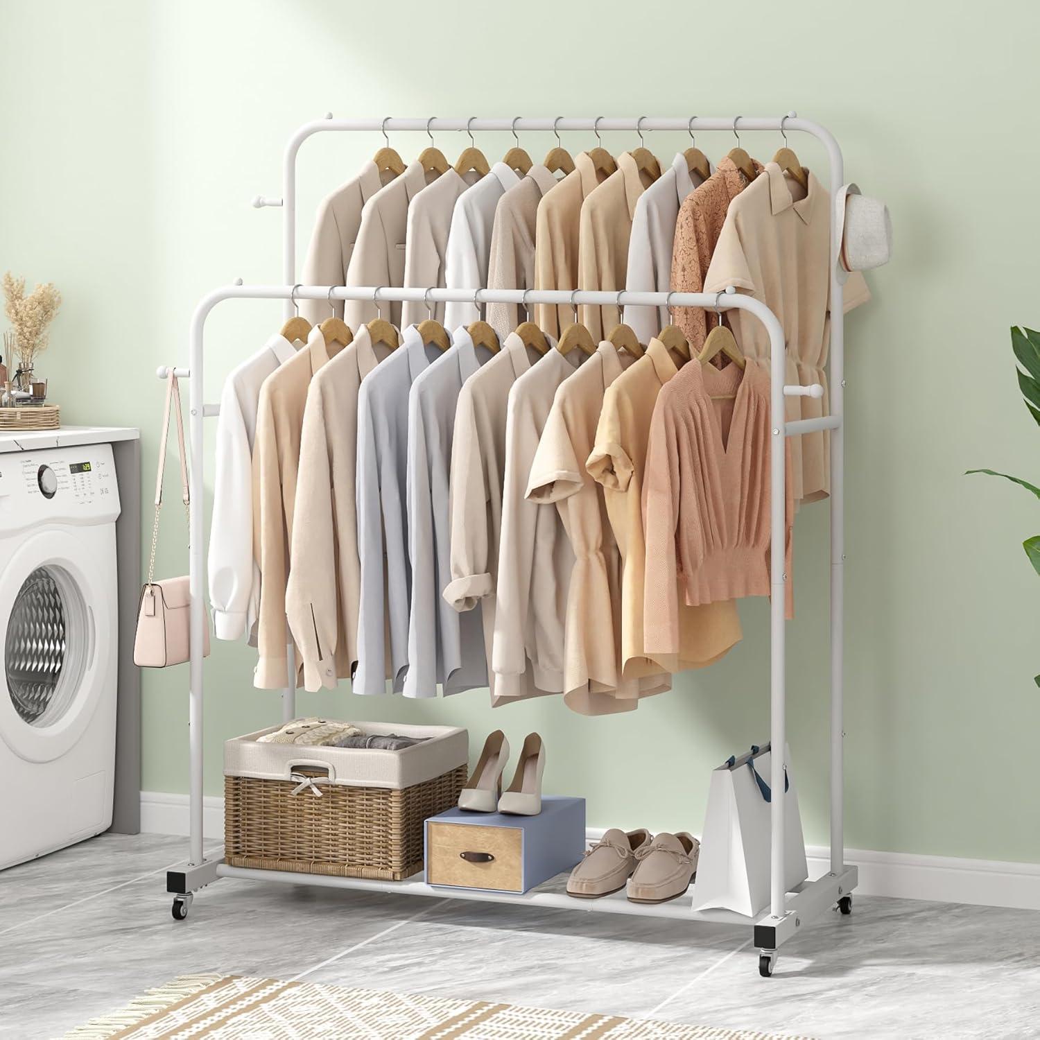 White Double Rods Garment Rack with Wheels and Hooks