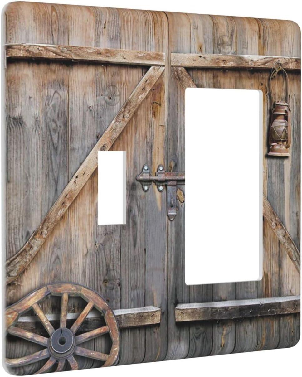 Wood Garage Barn Door Cabin 2 Gang Single Toggle/Rocker Combination Light Switch Cover Decorative Wall Plate Cover Electrical Faceplate Art Decor