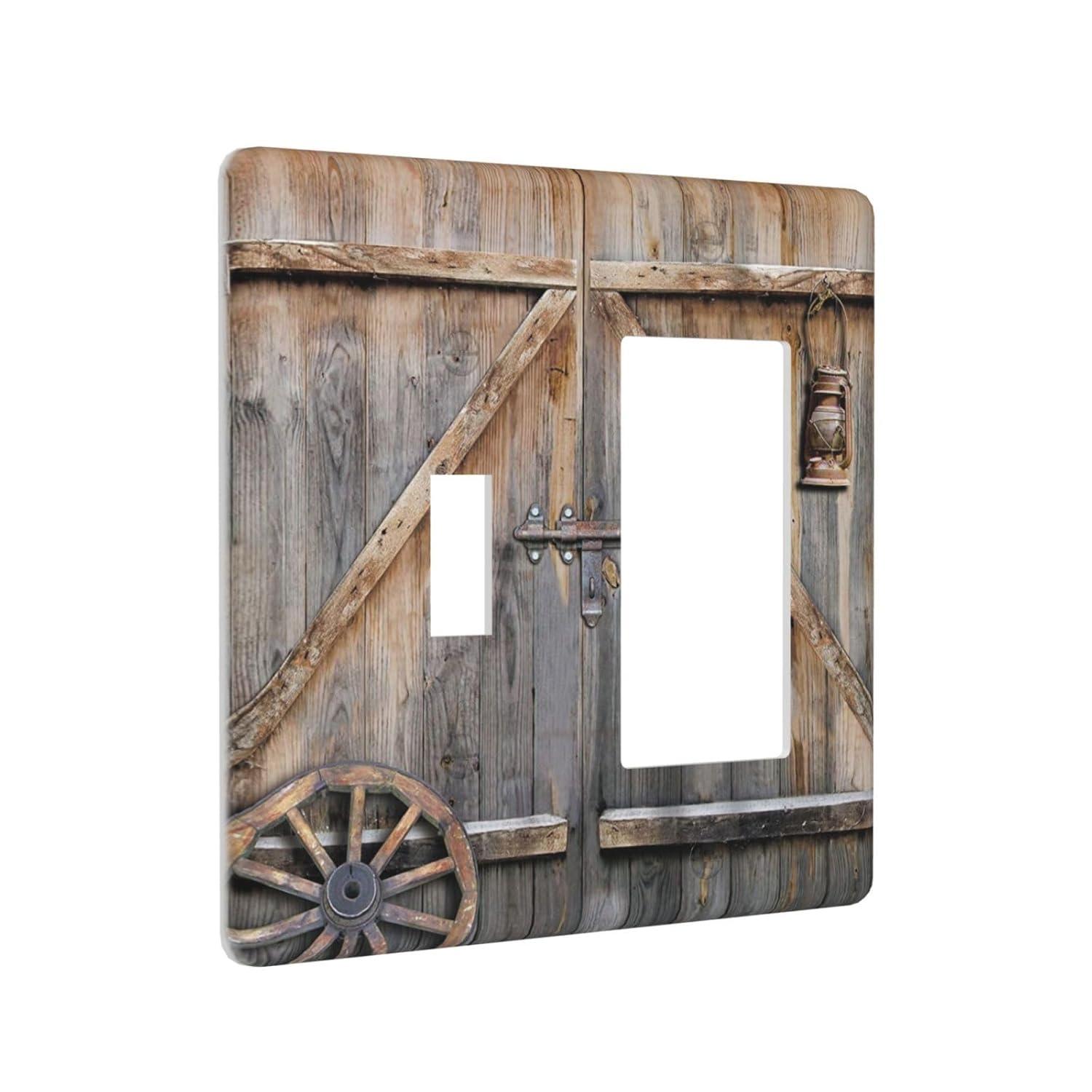 Wood Garage Barn Door Cabin 2 Gang Single Toggle/Rocker Combination Light Switch Cover Decorative Wall Plate Cover Electrical Faceplate Art Decor
