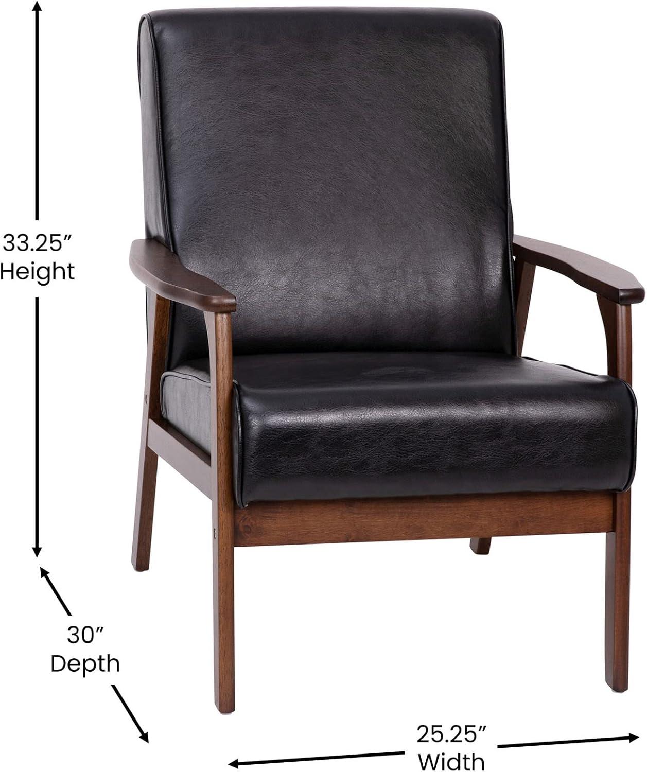 Mid-Century Modern Black Leather Accent Chair with Walnut Wood Frame