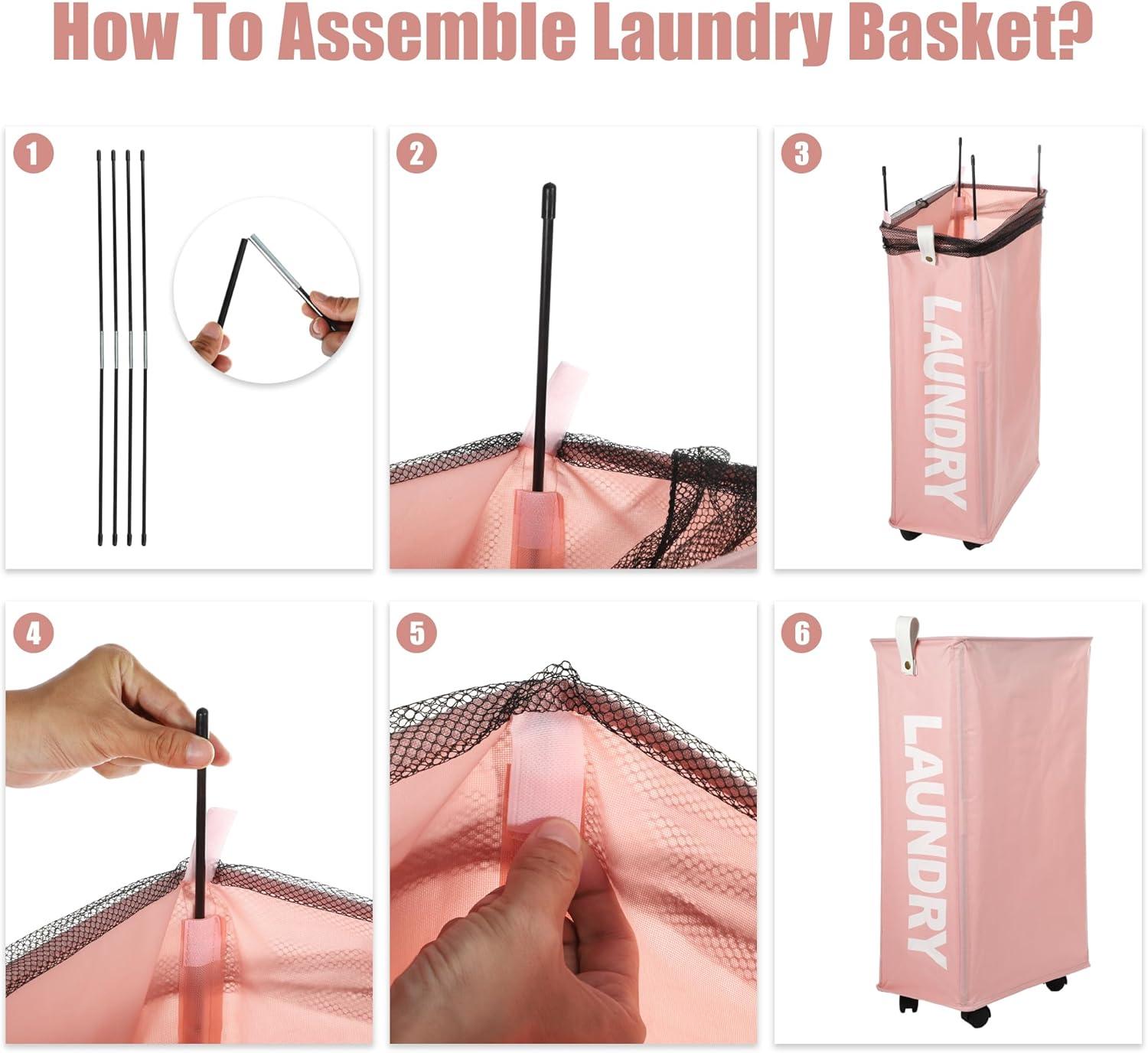 Unique Bargains Laundry Hamper with Wheels with Handle 27" Tall 1 Pc Pink