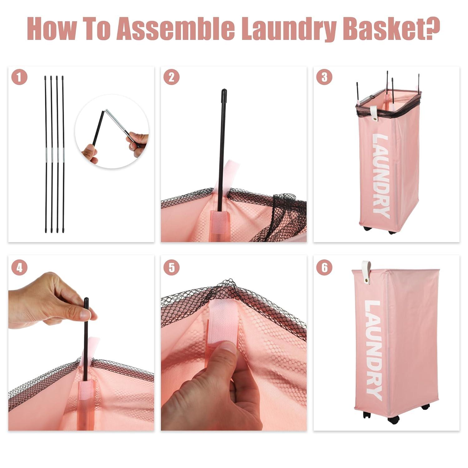 Unique Bargains Laundry Hamper with Wheels with Handle 27" Tall 1 Pc Pink