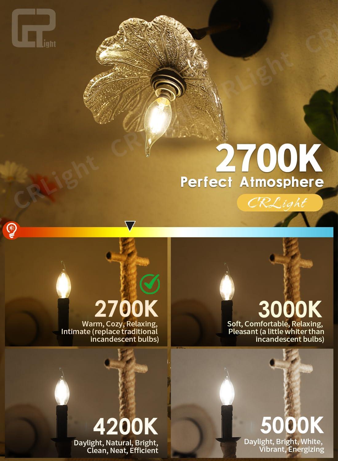 CRLight ETL Listed 2W Dimmable LED Candelabra Bulb 2700K Warm White, 250LM 25W Incandescent Equivalent, E12 Chandelier Candle Bulbs, C35 Clear Flame Shape Bent Tip, 360 Degrees Beam Angle, 10 Pack