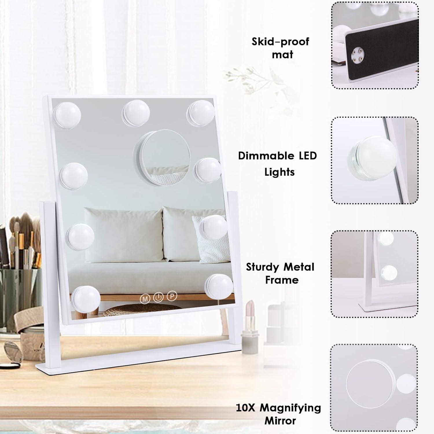 LinsCraft Lighted Makeup Mirror Hollywood Mirror Vanity Mirror With Lights, Touch Control Design 3 Colors Dimable LED Bulbs, Detachable 10X Magnification, 360°Rotation, (White) 12" L X 14" W