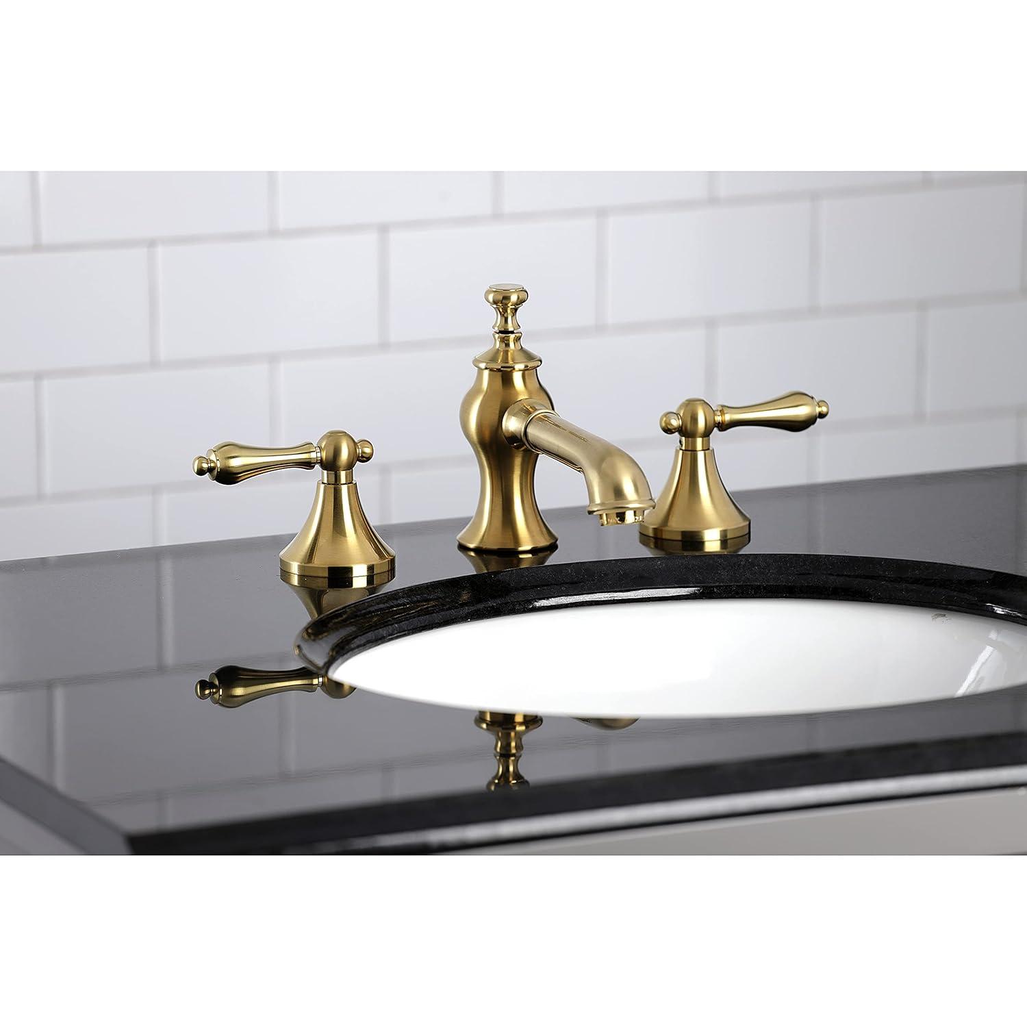 Kingston Brass Vintage Two-Handle 3-Hole Deck Mount Widespread Bathroom Faucet with Brass Pop-Up Drain