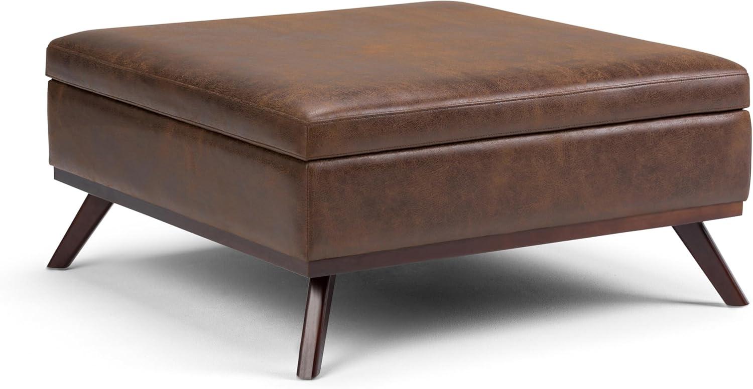 Simpli Home Owen 36"W Upholstered Square Coffee Table Storage Ottoman with Lift Top and Solid Wood Legs