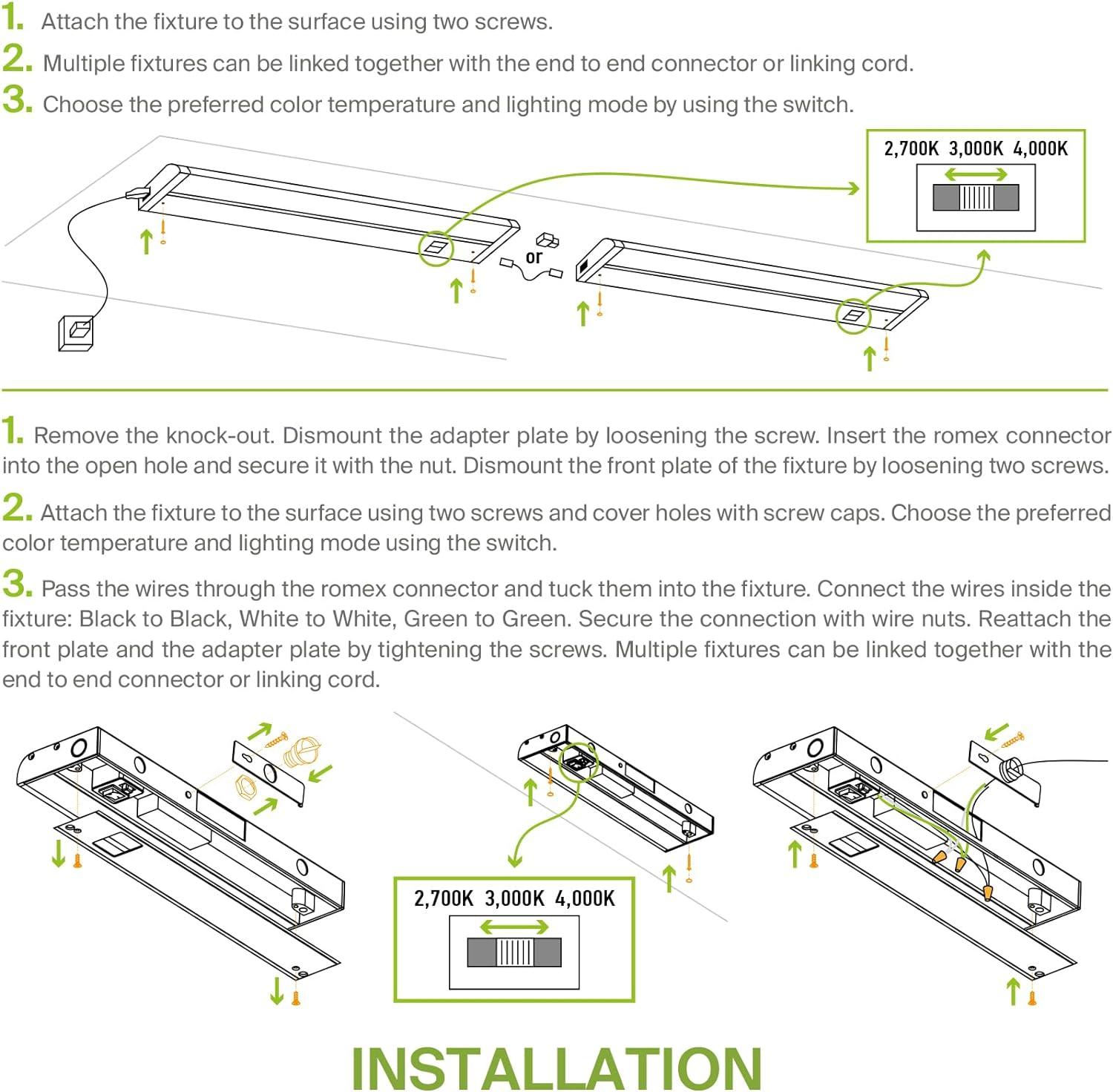 ASD LED Under Cabinet Lighting 24 Inch, Dimmable, Hardwired or Plug-in Installation, 3 Color Levels- 2700K/3000K/4000K, Linkable Kitchen Under Counter Lighting, ETL & Energy Star, White Finish