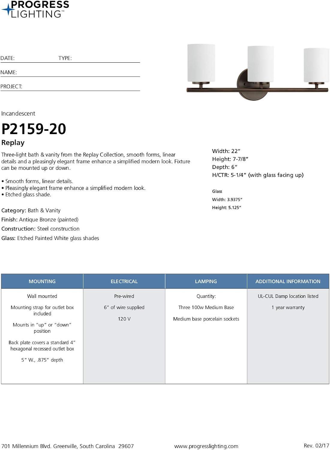 Progress Lighting Replay 3-Light Bath Vanity, Antique Bronze, Porcelain, Up/Down Mounting, Shade Included