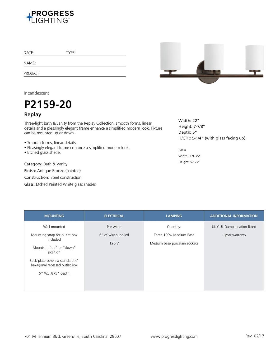 Progress Lighting Replay 3-Light Bath Vanity, Antique Bronze, Porcelain, Up/Down Mounting, Shade Included