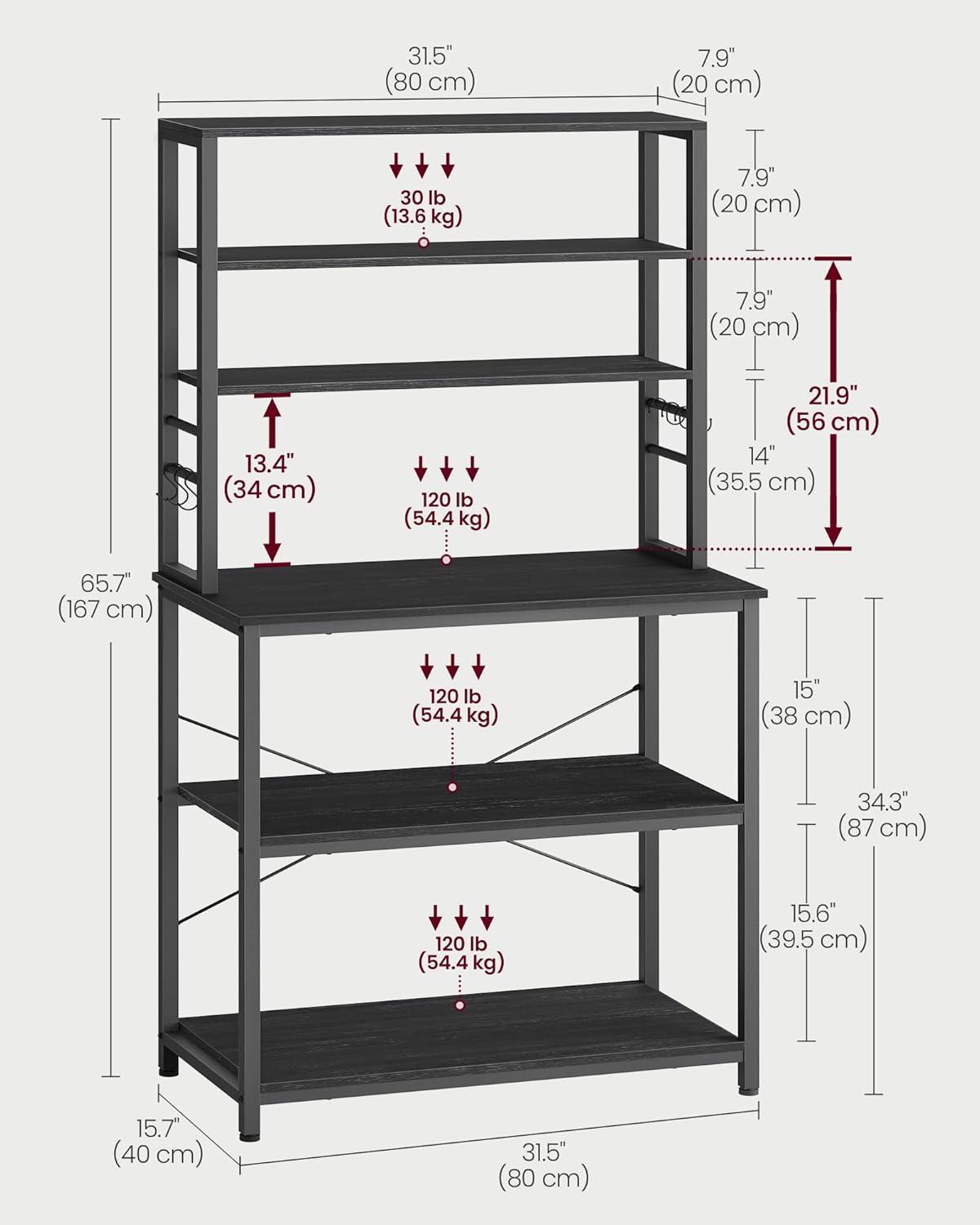 31.5 Inches Coffee Bar Baker's Rack for Kitchen with Storage, 6-Tier Shelves with 6 Hooks, Microwave Stand, Industrial Style, Charcoal Gray and Black UKKS019B22