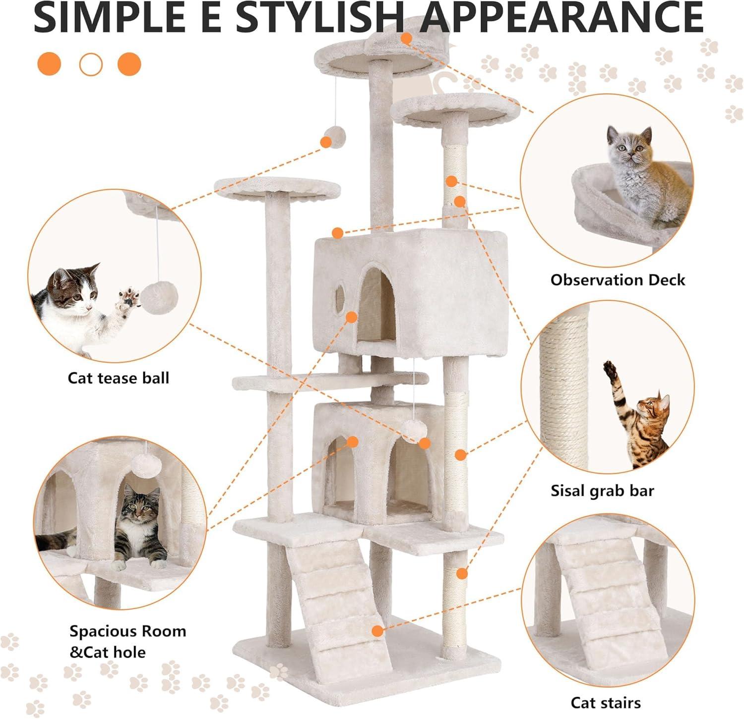70" Cat Tree Tower With Scratching Posts, Multiple Cat Caves, Top Perch, And Play Features For Indoor Cats