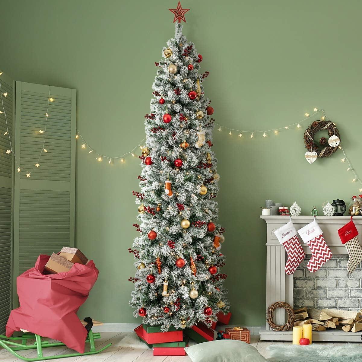 OasisCraft Un-lit 6.5Ft Snow Flocked Artificial Pencil Christmas Tree, Hinged Snowy Slim Xmas Tree Outdoor for Festive Holiday Decoration Metal Stand