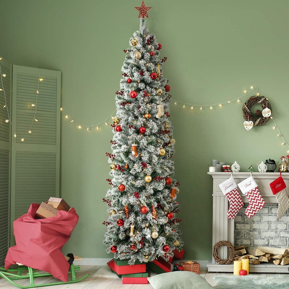 OasisCraft Un-lit 6.5Ft Snow Flocked Artificial Pencil Christmas Tree, Hinged Snowy Slim Xmas Tree Outdoor for Festive Holiday Decoration Metal Stand