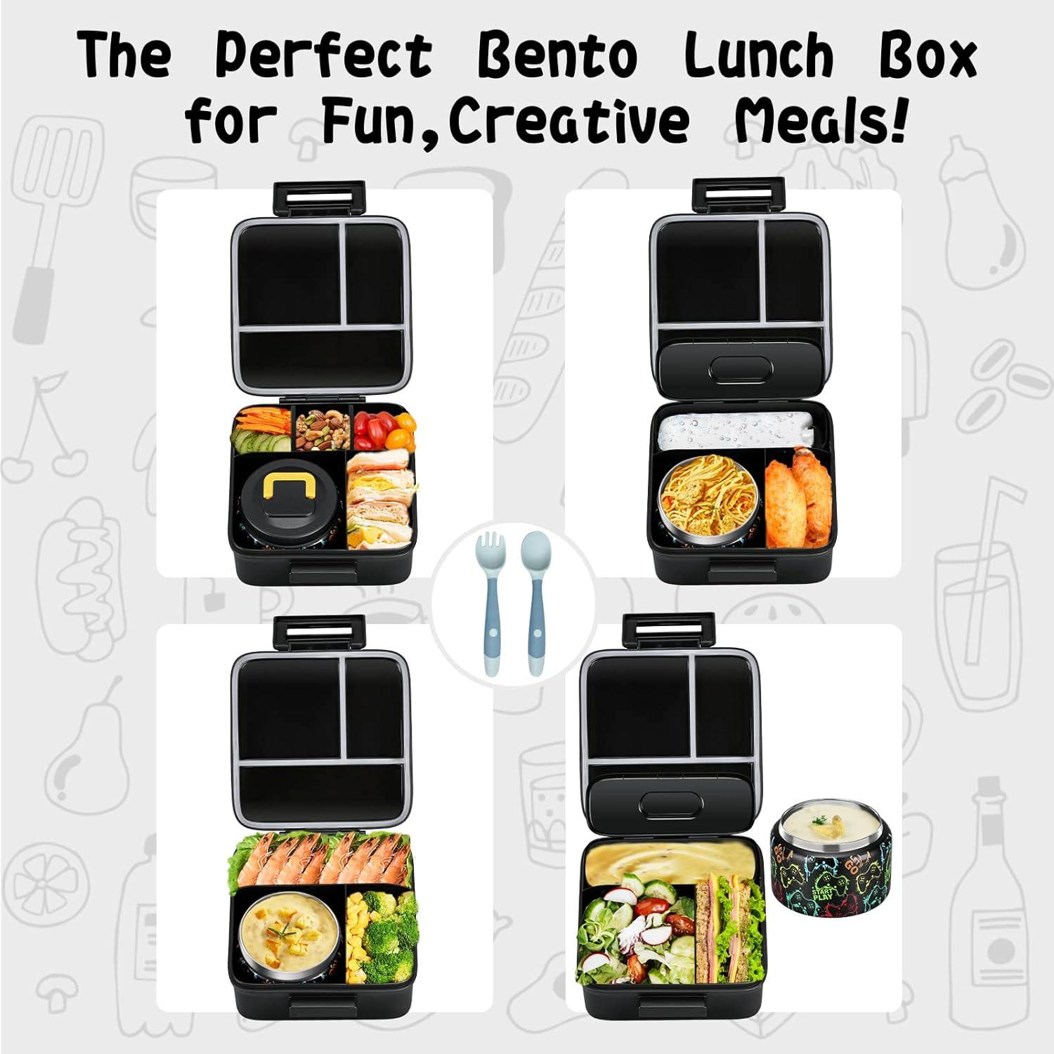 Bento Lunch Box for Kids With 8oz Soup thermo,Leak-proof Lunch Containers with 5 Compartment,thermo Food Jar and Lunch Bag, Food Containers for School (A-Black(Game Consoley))