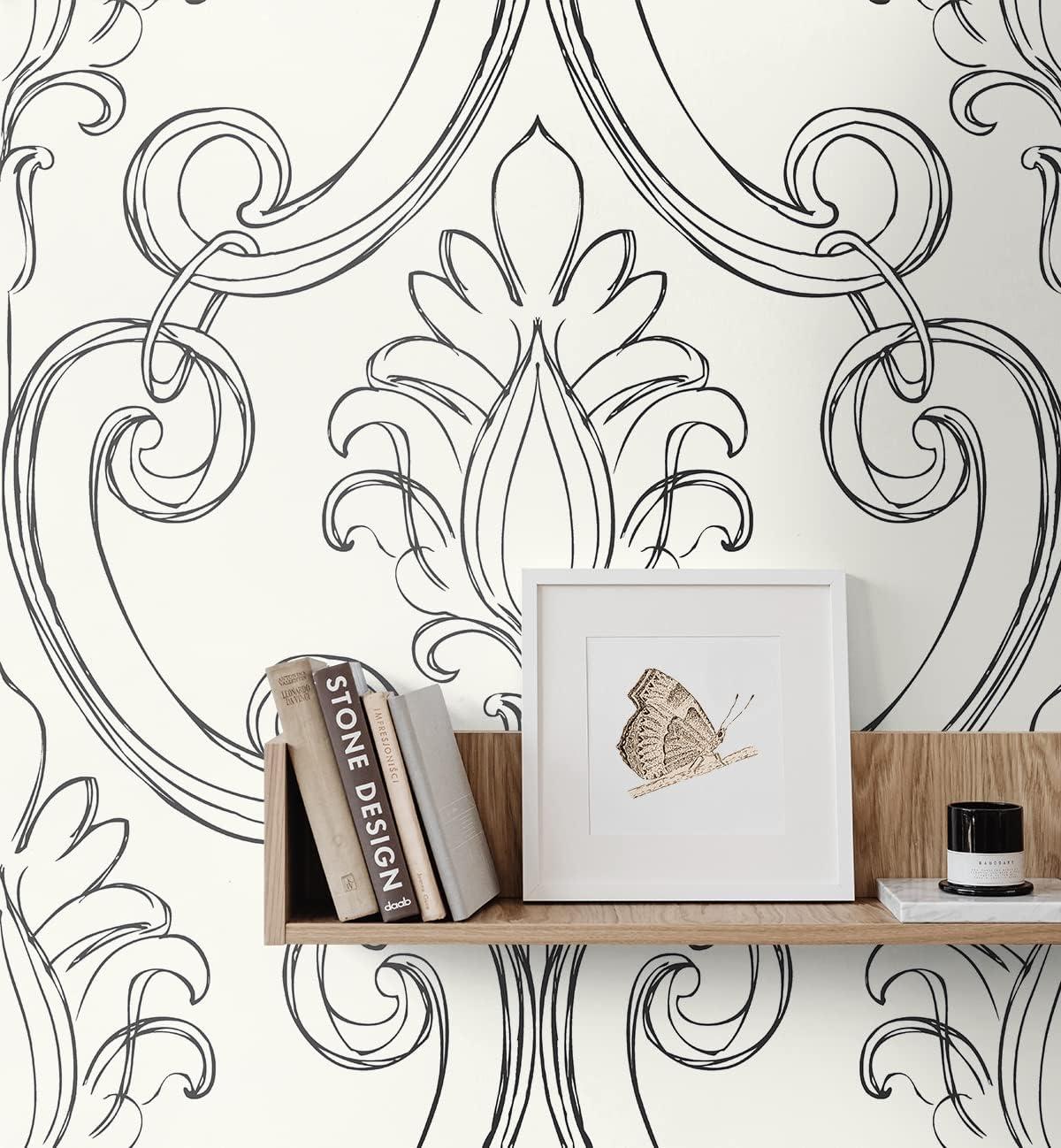 Ebony and White Damask Peel and Stick Wallpaper