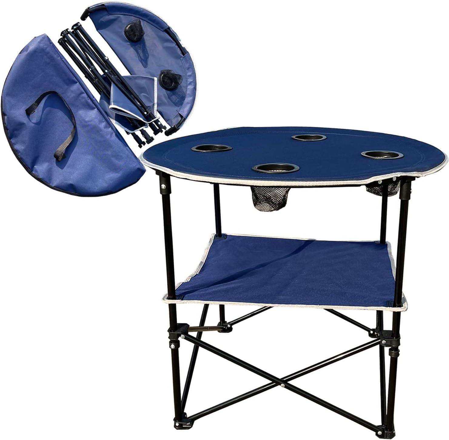 2 Tier Outdoor Camping Gear, Foldable Camping Table With Carry Bag And 4 Cup Holders,Lightweight Collapsible Canvas Table For Beach, Picnic, BBQ,Campfires,Fishing,Hiking,Tailgating