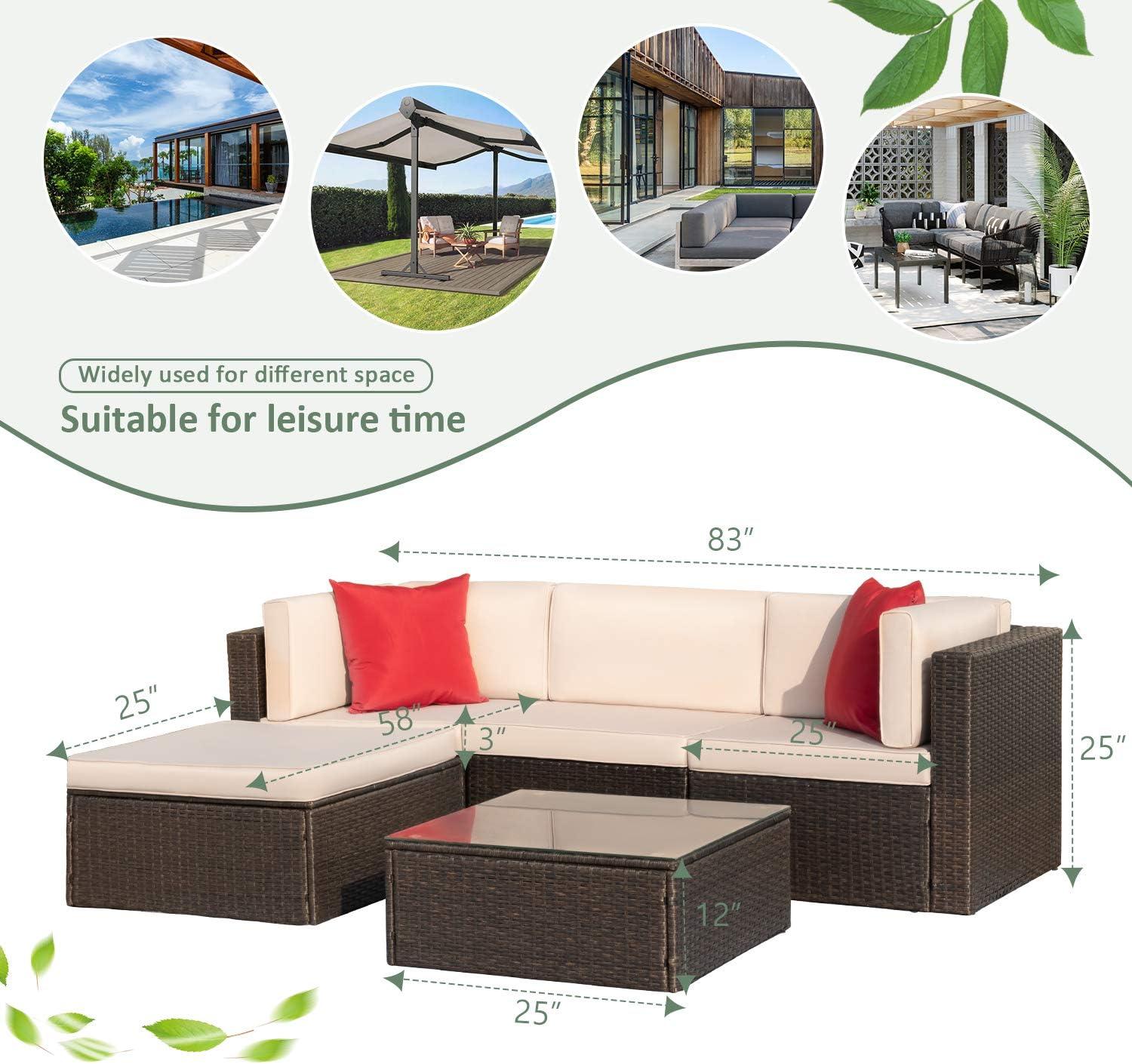 Devoko 5 Piece Patio Furniture Set, All-Weather PE Wicker Sectional Sofa Outdoor Furniture, Garden, Backyard, Beige