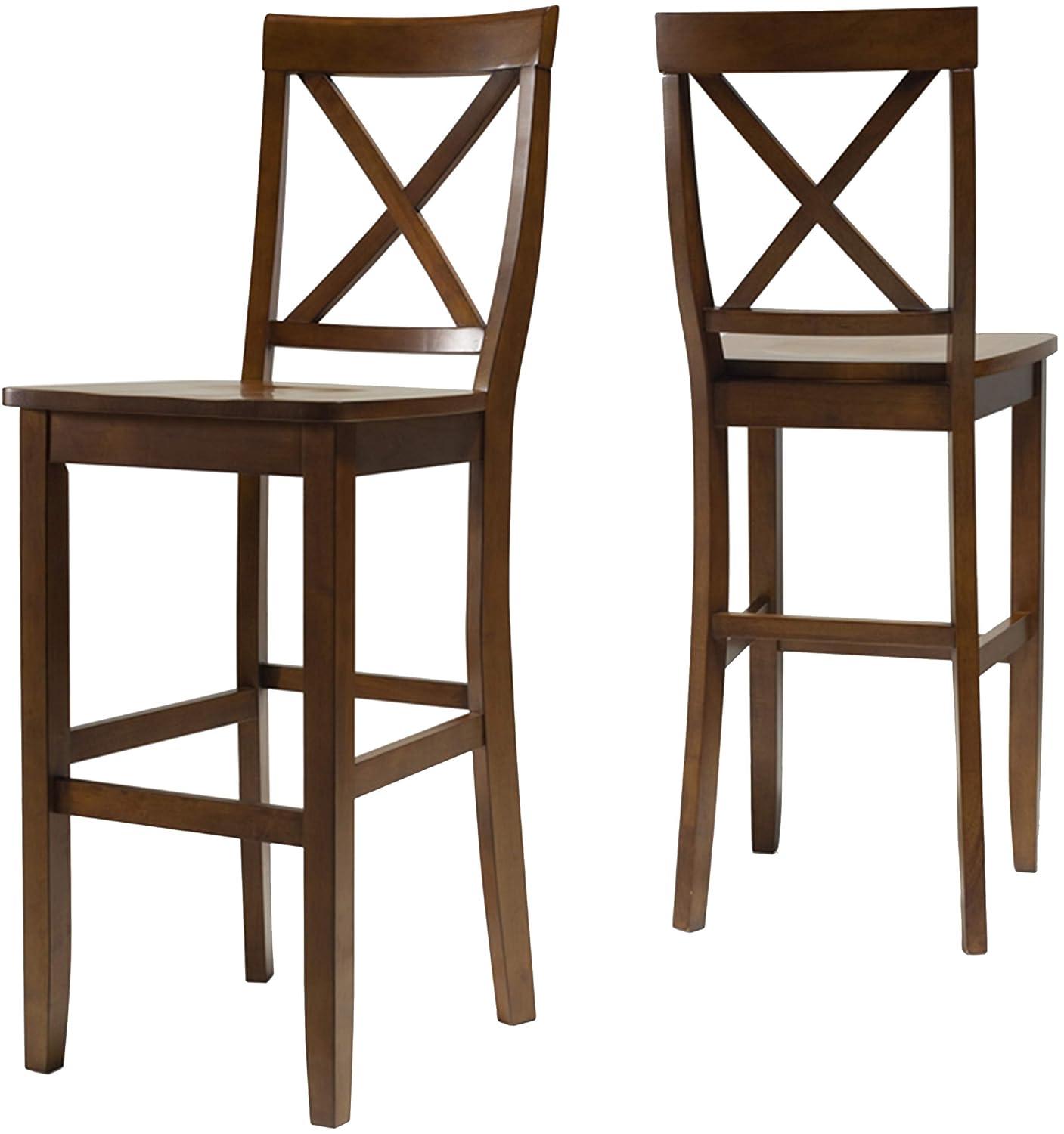 Crosley Set of 2 30" X-Back Barstools Mahogany: Traditional Farmhouse Design, Rubberwood Frame, Footrest