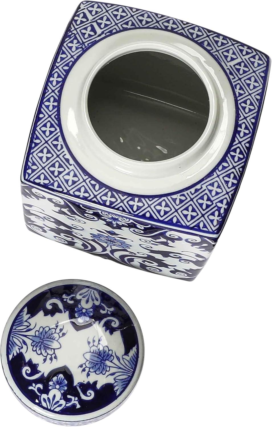 Blue and White Floral Ceramic Ginger Jar with Lid