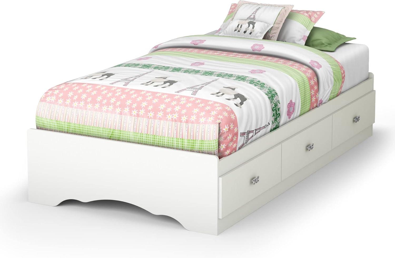 Princess Tiara Twin Platform Bed with 3 Storage Drawers in Pure White