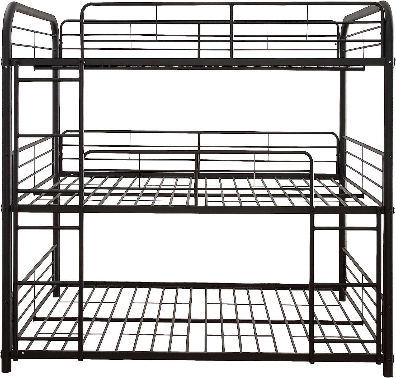 Triple Layer Twin Size Metal Bunk Bed with Attached Ladder, Black- Saltoro Sherpi