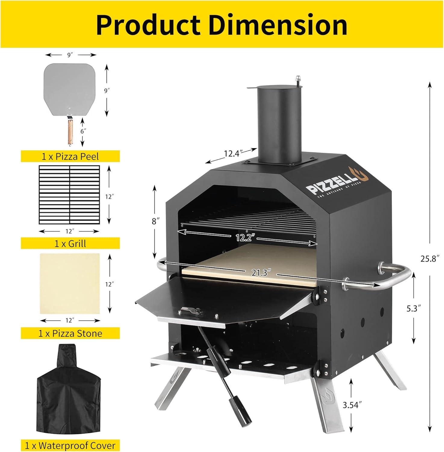 12 in. Outdoor Wood Fired Pizza Oven 2-Layer Pizza Maker Outside Pizza Grill for Backyard Parties, Black